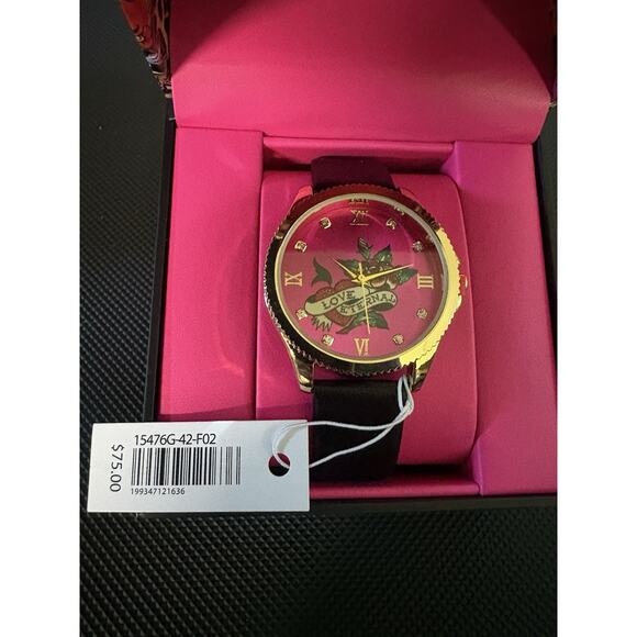 Ed Hardy Love Eternal Women\'s Quartz Watch Pink Hearts Dial Black Leather
